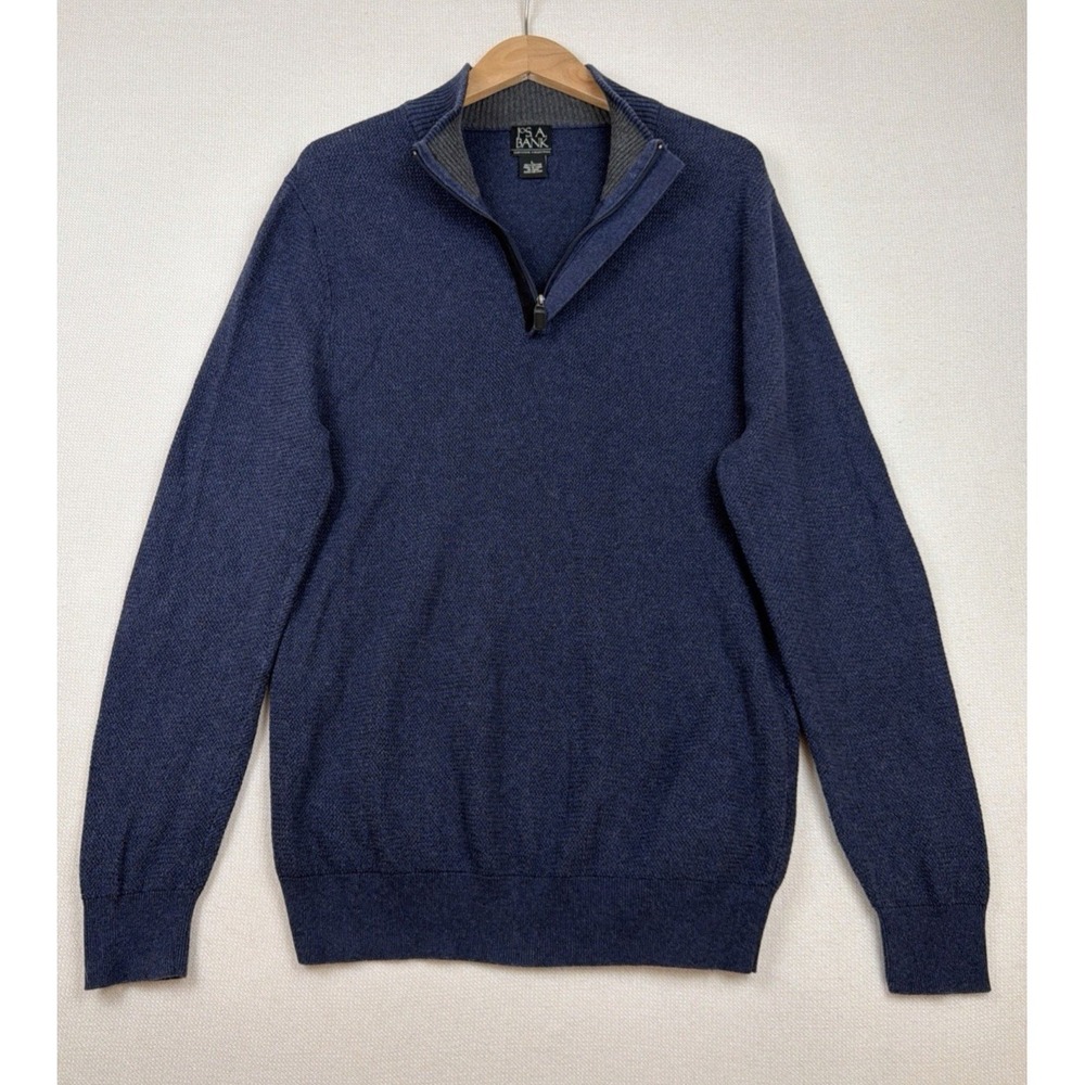 Jos A Bank Executive Collection 1/4 Zip Sweater Mens L Blue Preppy Elbow Patches